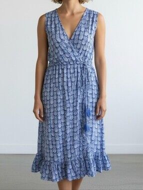 Tommy Bahama Blue And White Fineapple-Print V-Neck Tie-Waist Ruffle Dress S